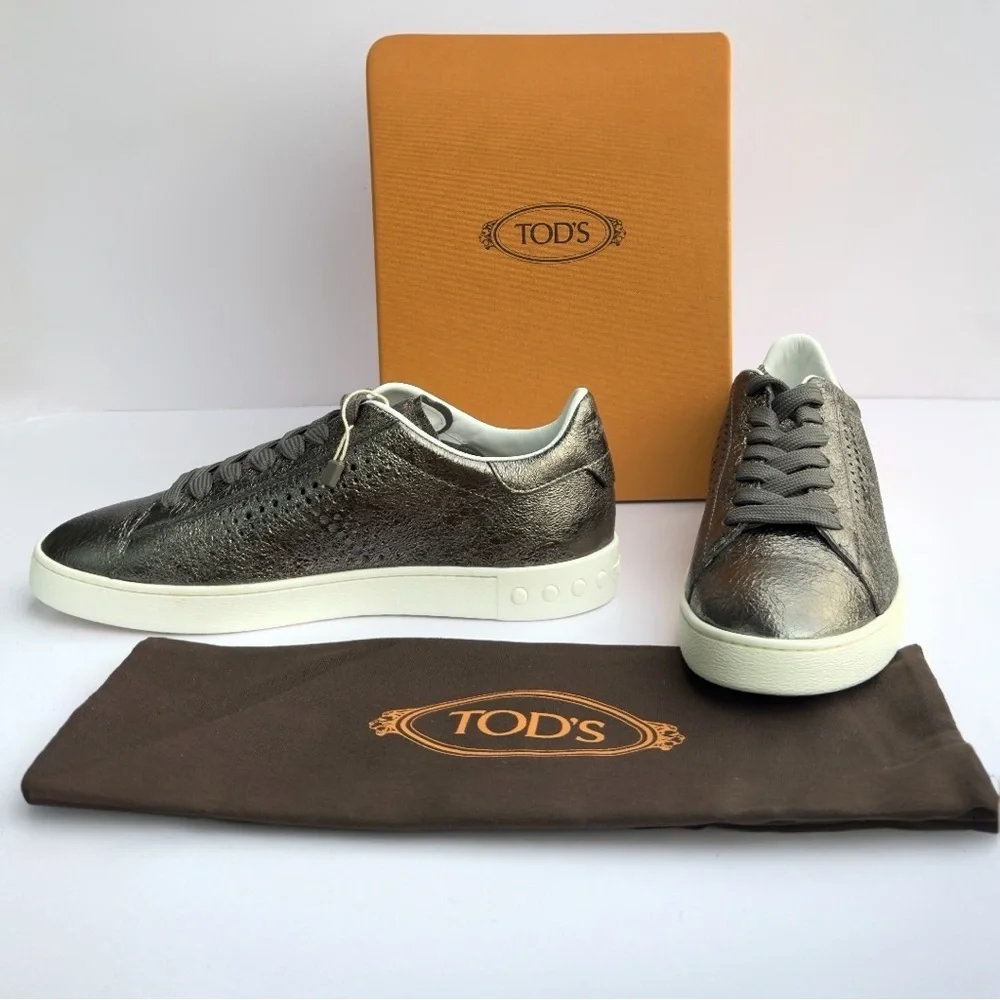 Tod's Women’s Metallic Gunmetal Silver Perforated Leather Low Top Sneakers NEW